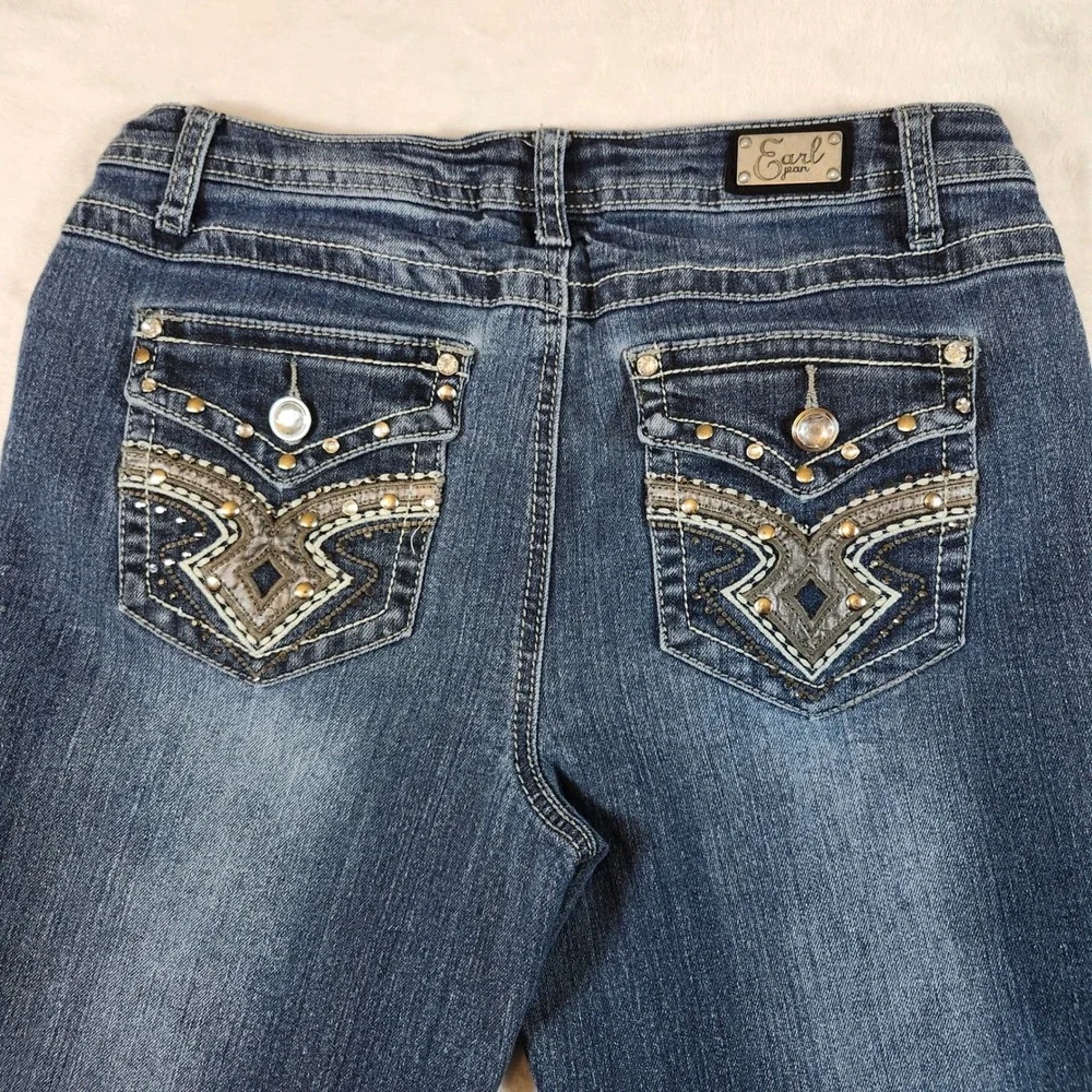 Earl Jeans Bootcut Women 30 Blue Good Rhinestone Embellished Y2K Dark Wash Denim